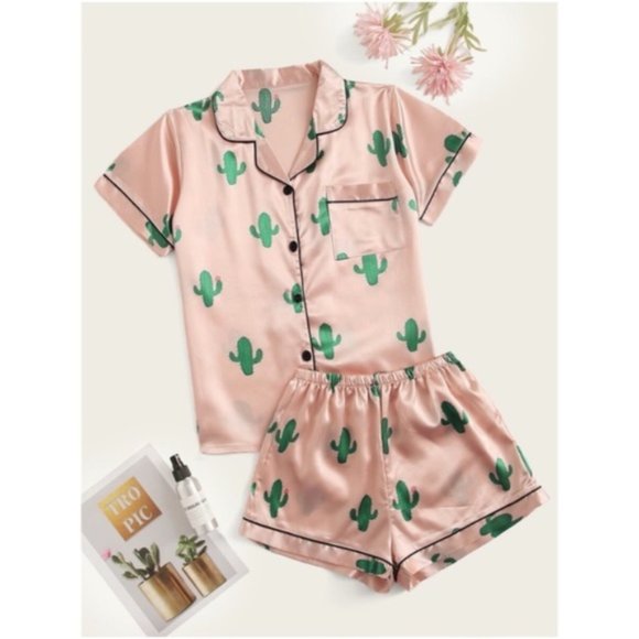 Other - NIP Boutique Pink Satin Cactus Print Short Pajamas